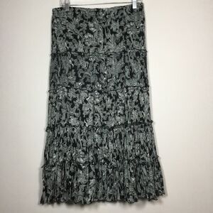Black and white paisley cotton blend maxi skirt tiered and lined elastic waist L